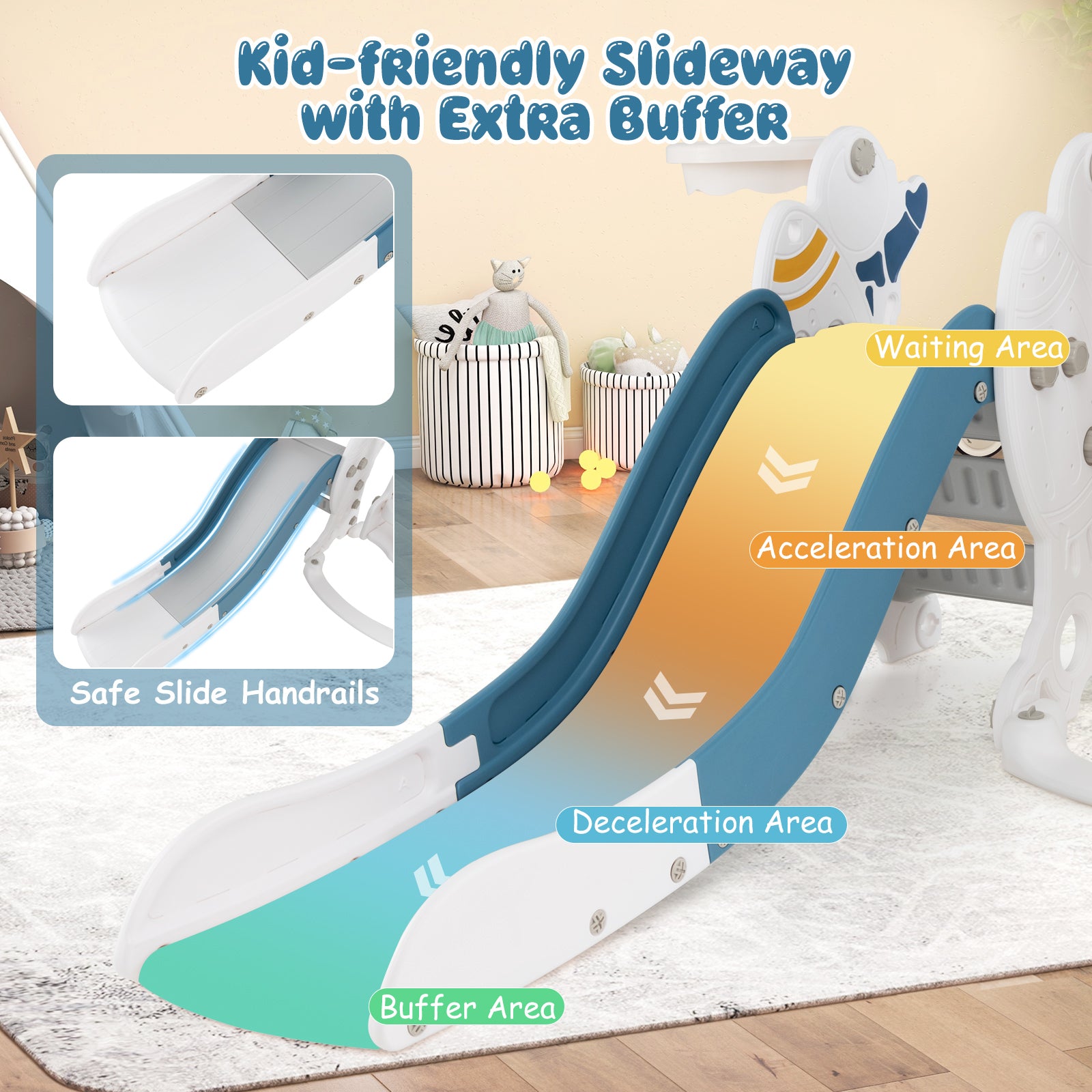 Child-sized slide with labeled safety features on a neutral background