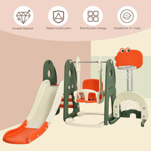 Children's playground equipment with slide, swing, and basketball hoop on a beige background