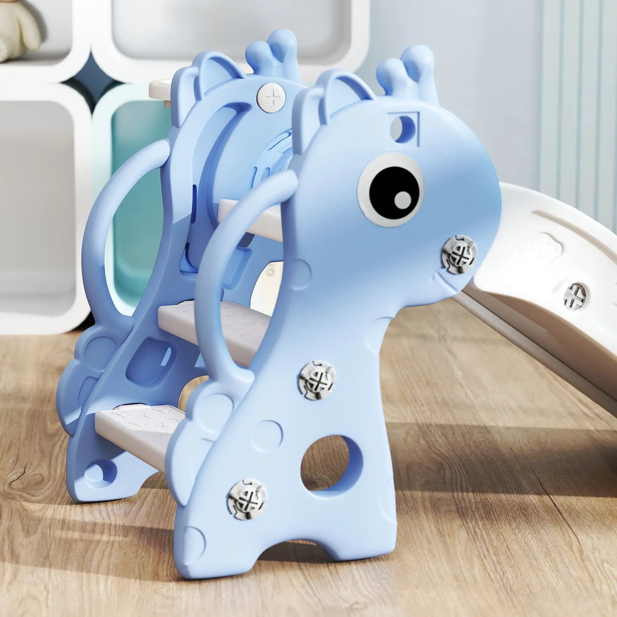 Blue plastic toy giraffe on a wooden surface with a white background
