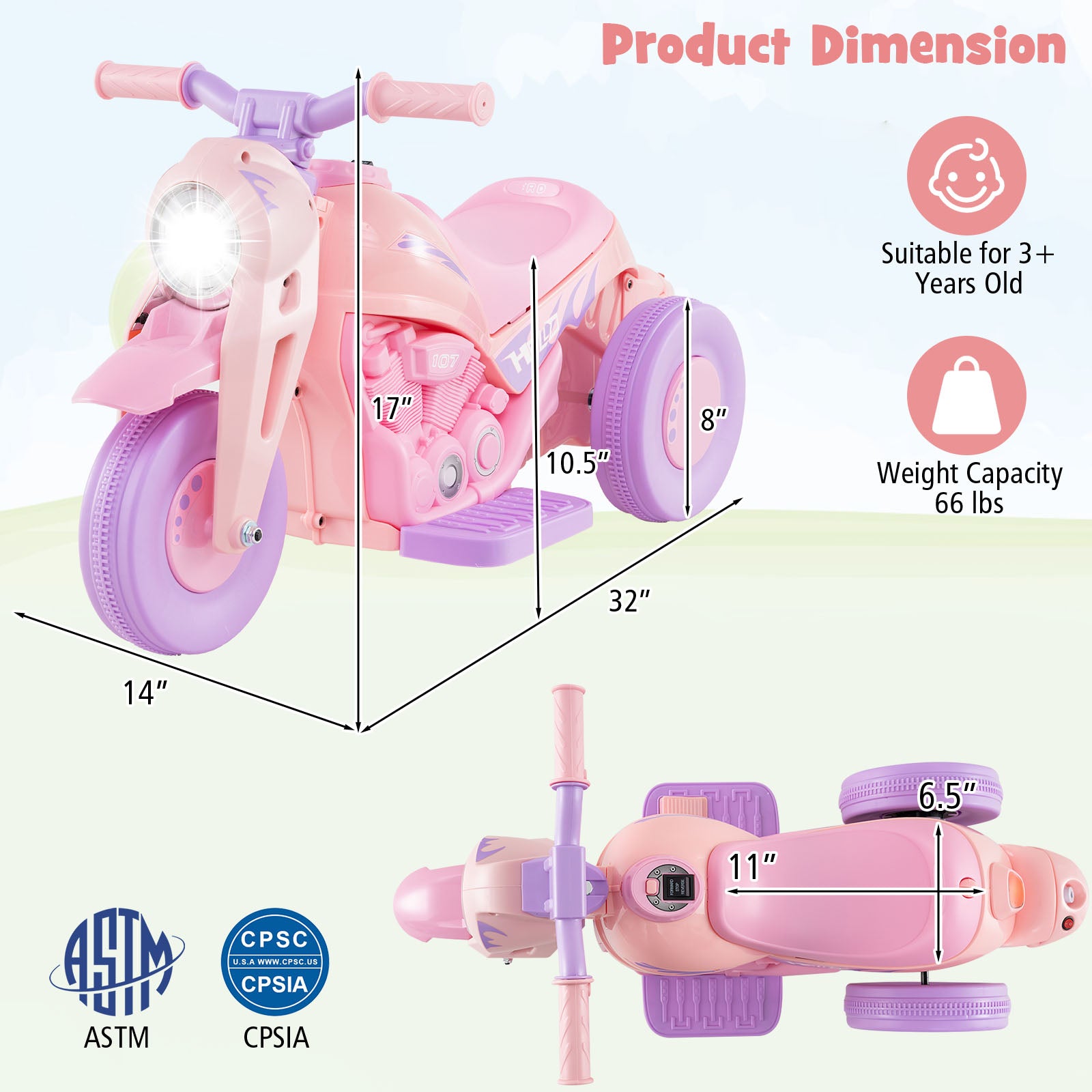 Pink and purple children's tricycle with dimensions and safety certification logos on a light green background.