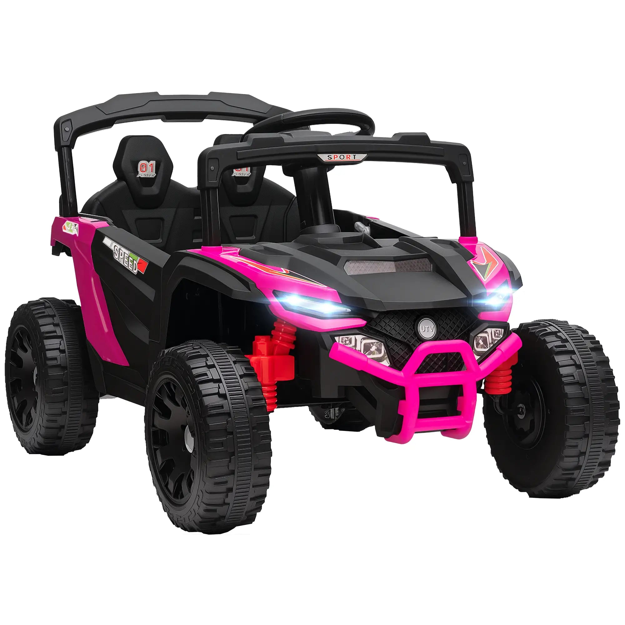 Pink and black toy off-road vehicle on a white background