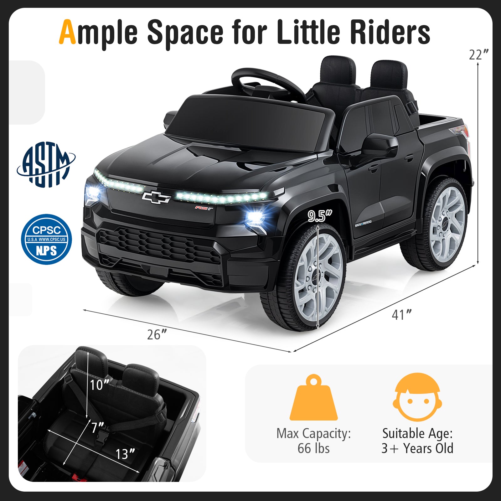 Black toy truck with dimensions and safety certification logos on a white background