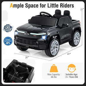Black toy truck with dimensions and safety certification logos on a white background