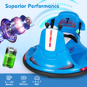 Blue toy car with glowing components and battery on a blue background