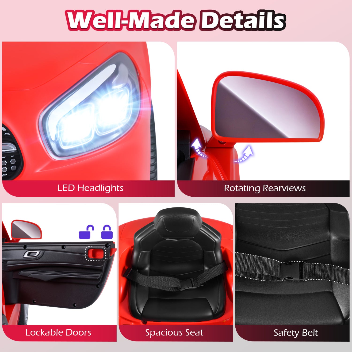 Collage of car features including LED headlights, rotating rearview mirrors, lockable doors, spacious seat, and safety belt on a red car background.