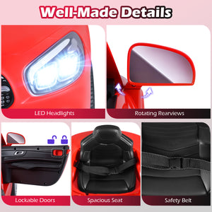 Collage of car features including LED headlights, rotating rearview mirrors, lockable doors, spacious seat, and safety belt on a red car background.