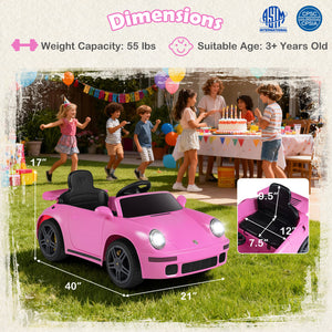 Pink toy car with dimensions and safety certifications on a grassy background with children playing.