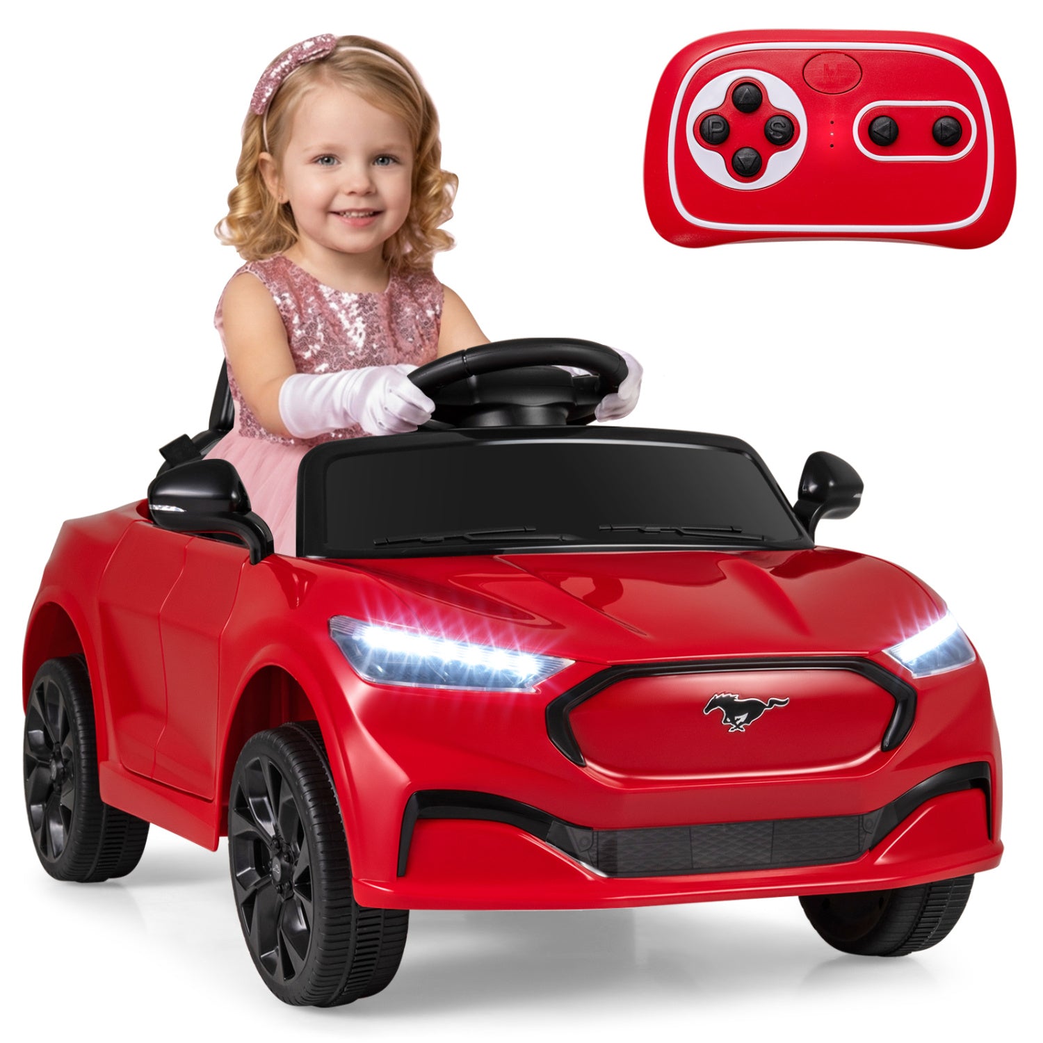 Red toy car with a child sitting inside and a remote control on a white background