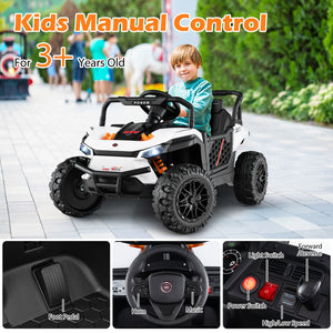Children's toy car with manual control features, suitable for ages 3 and up, on a sidewalk.