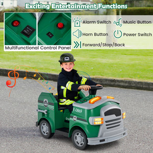 Child playing with a green toy fire truck on a road, with control panel features displayed above.