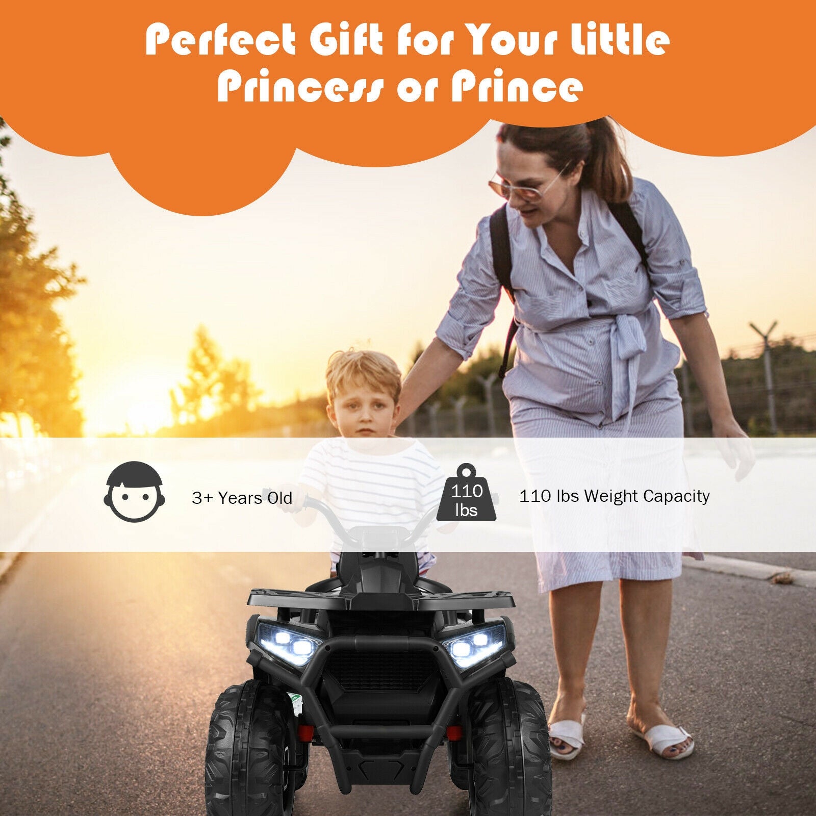 Woman pushing a child in a toy vehicle with text about it being a perfect gift for a 'little Princess or Prince'.