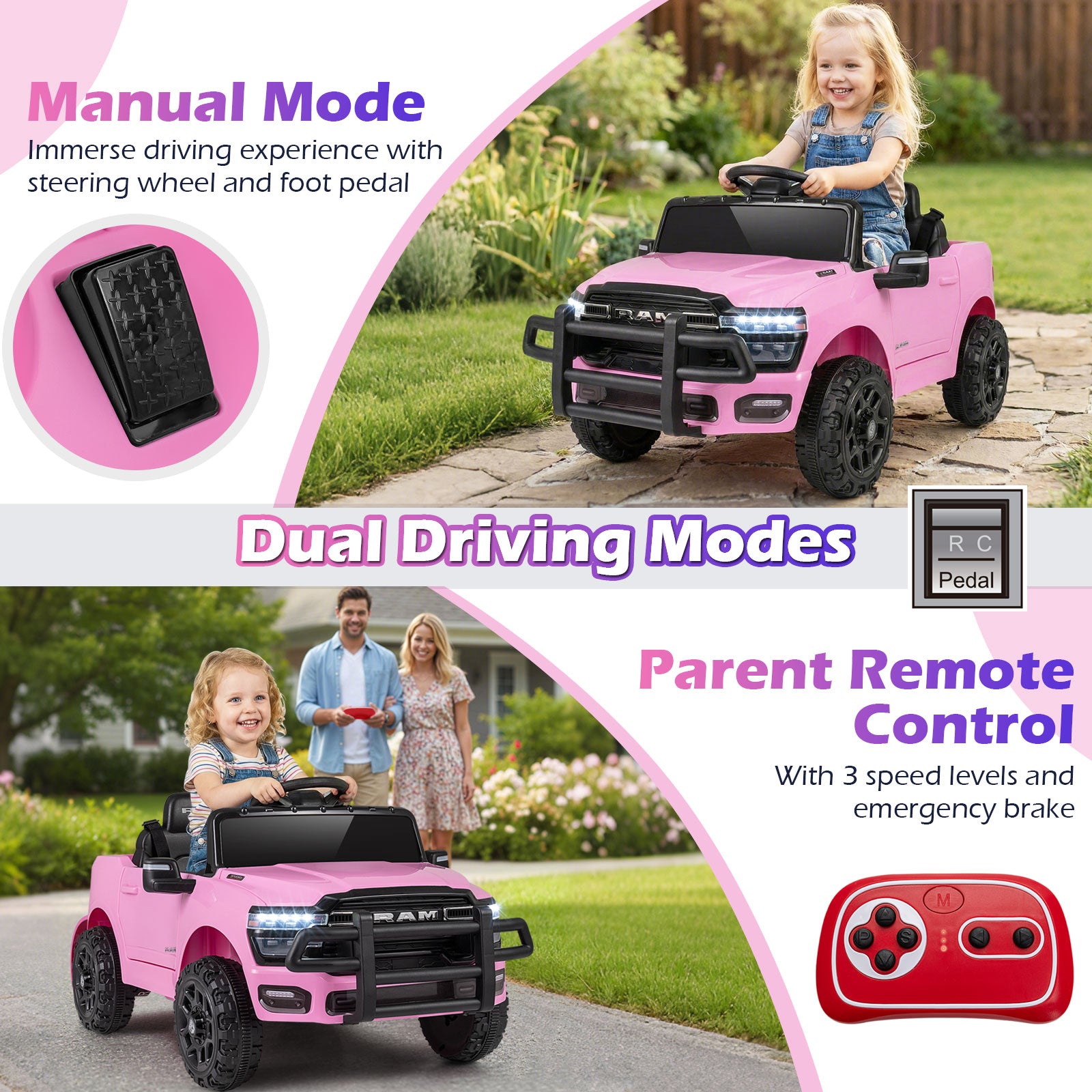 Pink toy truck with steering wheel and foot pedal, remote control, and family outdoors.