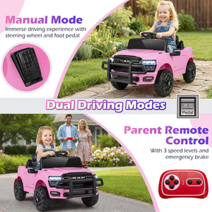 Pink toy truck with steering wheel and foot pedal, remote control, and family outdoors.