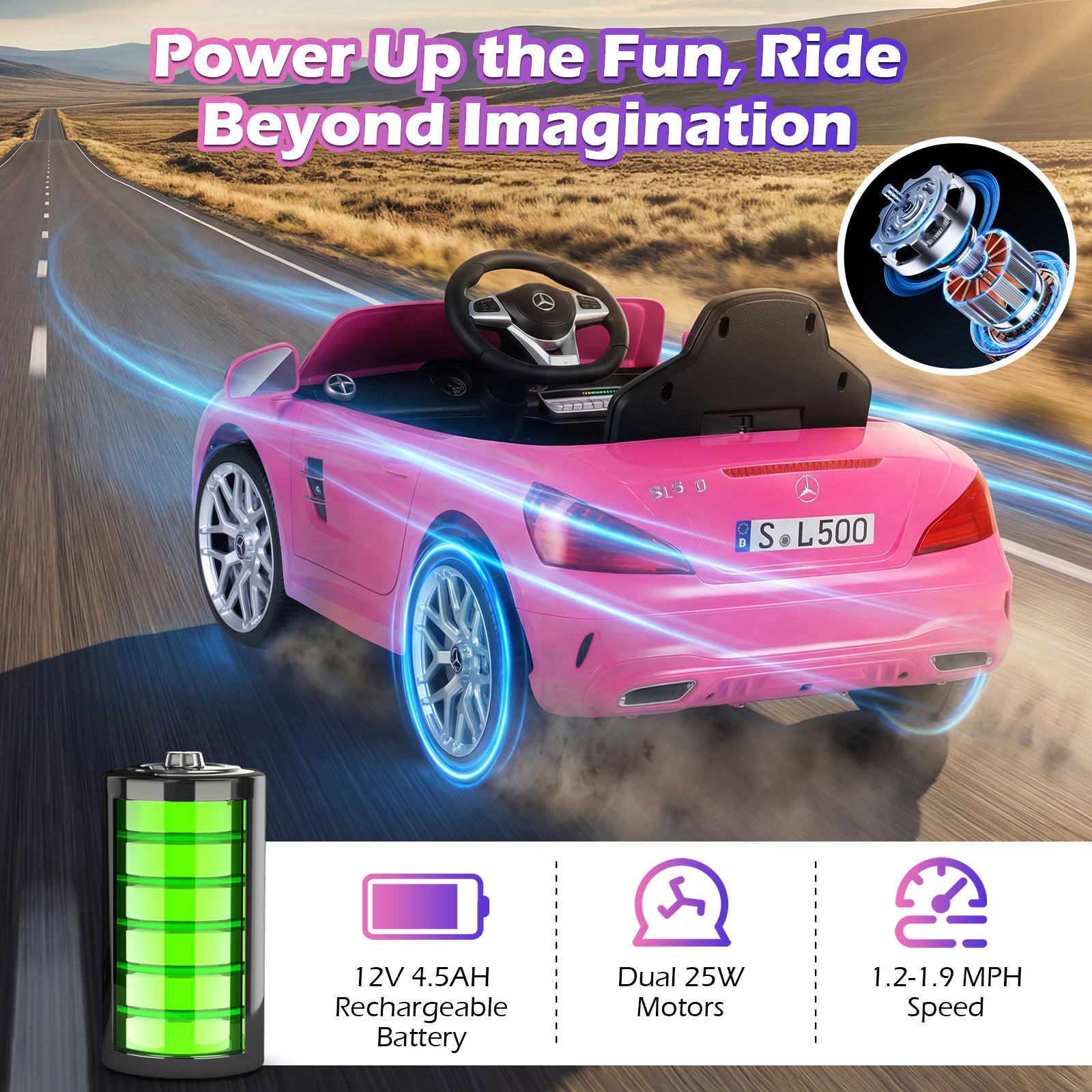 Pink toy car with power-up text and specifications on a road background