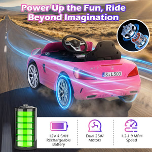 Pink toy car with power-up text and specifications on a road background