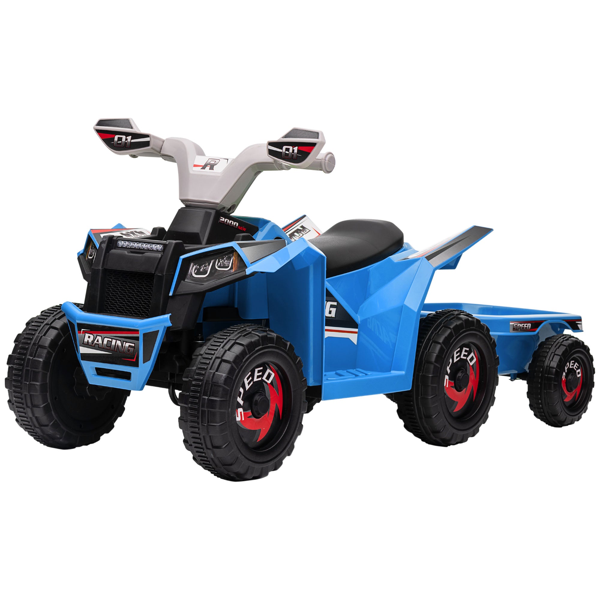Blue toy ATV with black and red accents on a white background