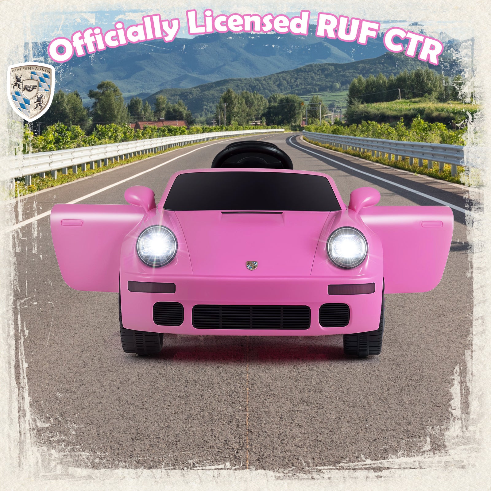 Pink toy car on a road with a scenic background