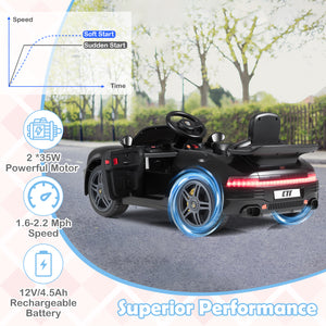 Black toy car with specifications on a road background