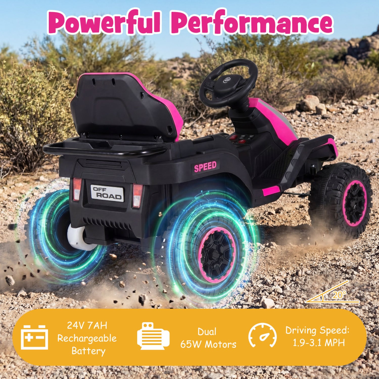 Toy off-road vehicle with glowing wheels on a desert background, labeled 'Powerful Performance'.