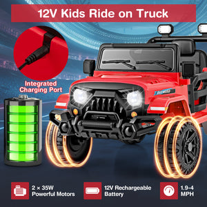Red and black kids ride-on truck with charging port and battery indicator on a blue background