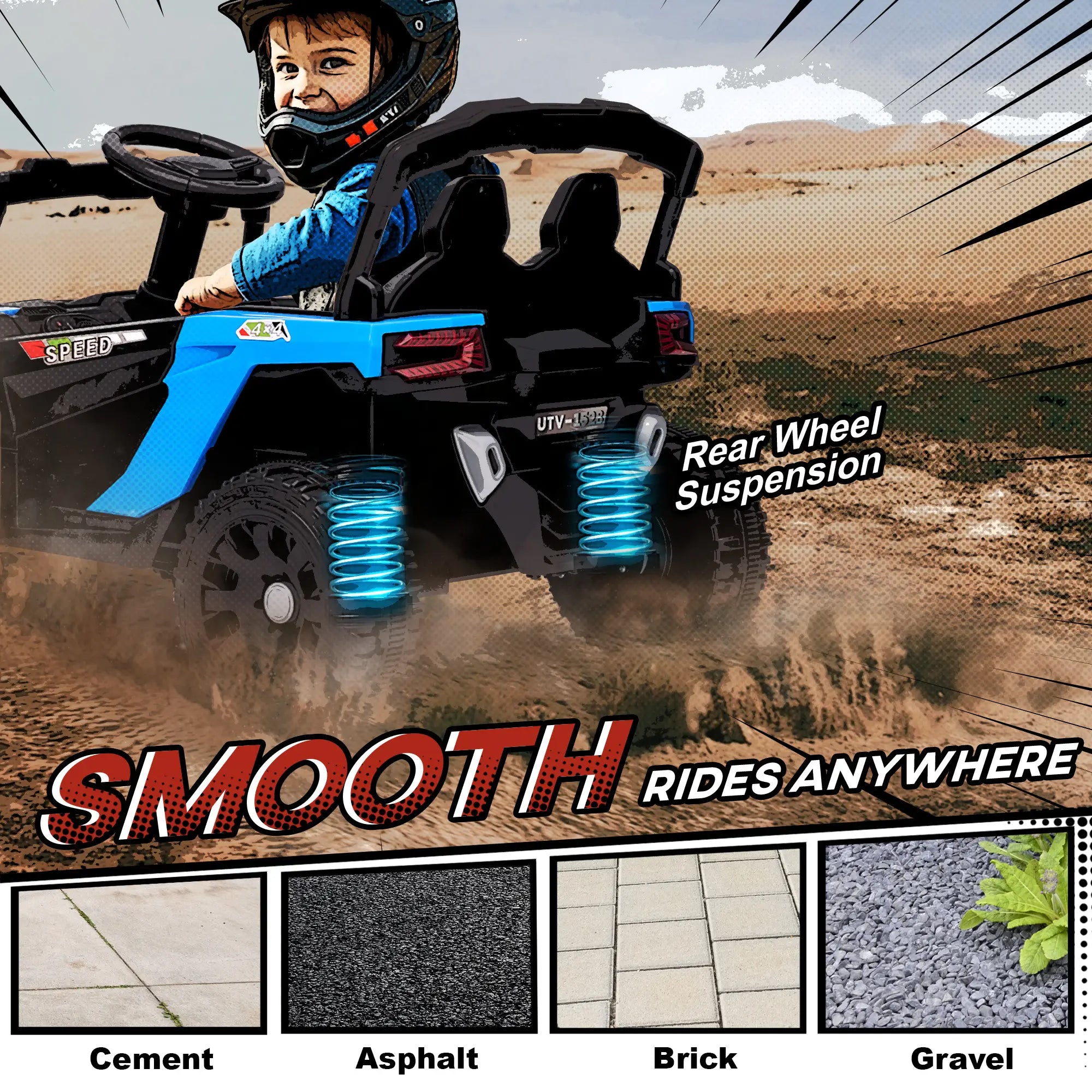 Child playing with a toy off-road vehicle on a dirt road, with text highlighting features.