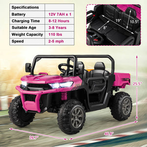 Pink and black toy off-road vehicle with specifications on a colorful background