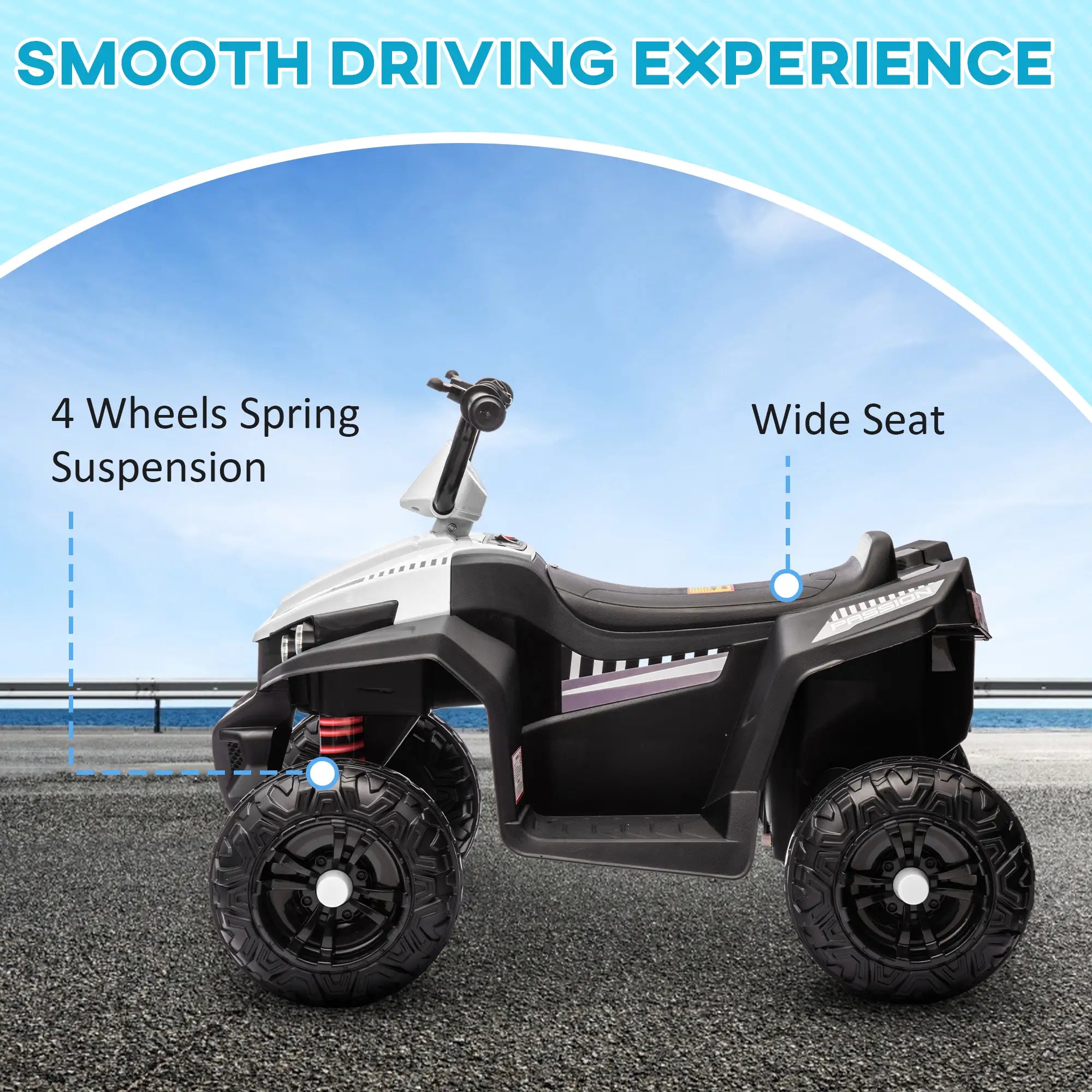Battery-powered white kids ATV with suspension for smooth and stable rides