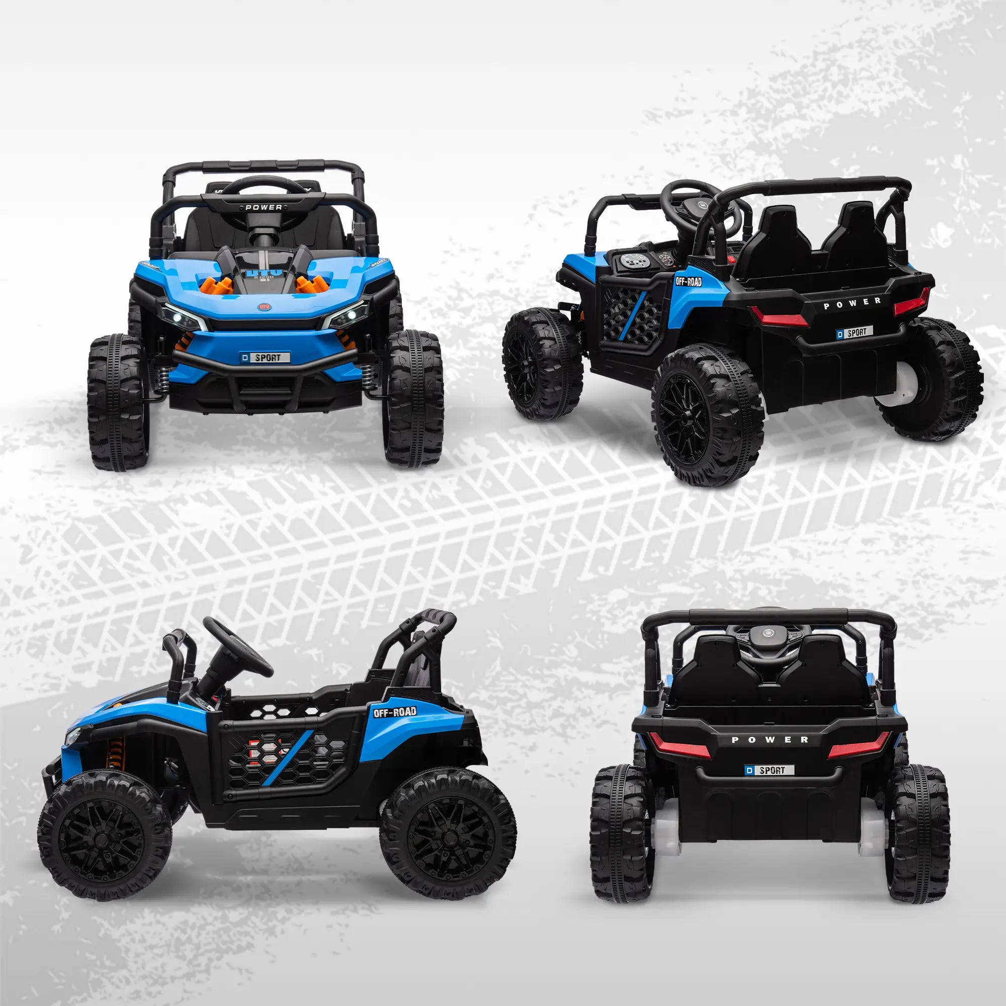 Four toy off-road vehicles on a textured white surface