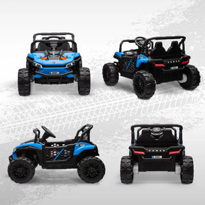 Four toy off-road vehicles on a textured white surface