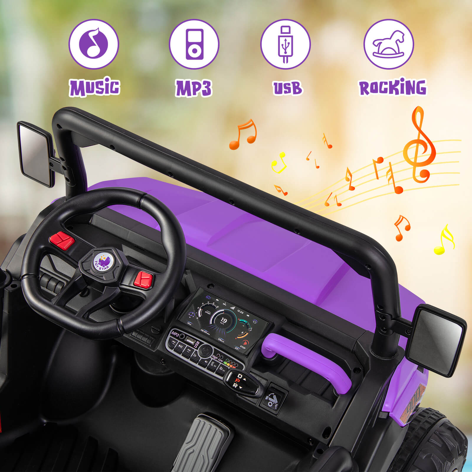 Children's toy car with steering wheel, dashboard controls, and purple seat, featuring music, MP3, USB, and rocking functions.