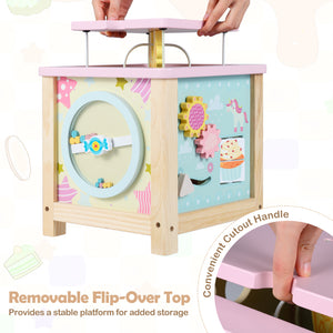 Wooden activity cube with colorful bead maze for fine motor development