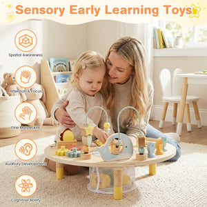 Wooden activity table with bead maze for hand-eye coordination practice