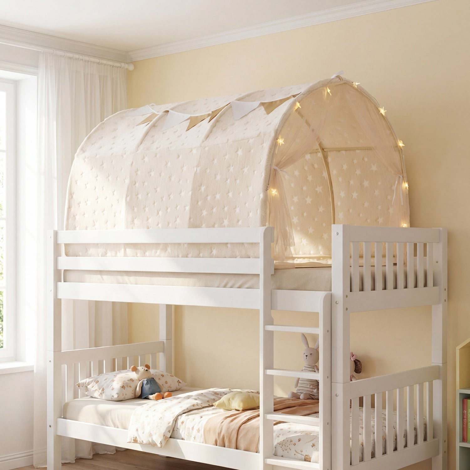 White children's bed with a canopy and fairy lights in a room with a window and bookshelf.
