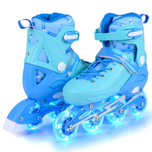 Blue roller skates with glowing wheels on a white background