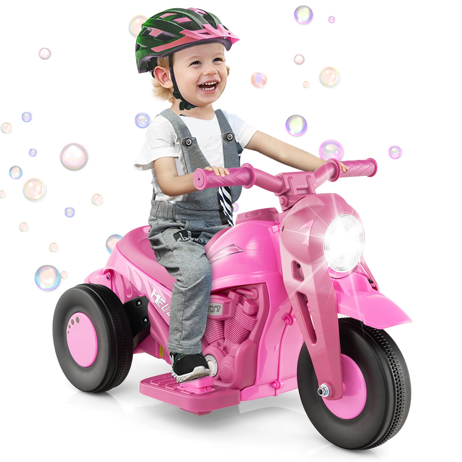 Child riding a pink toy motorcycle with bubbles in the background