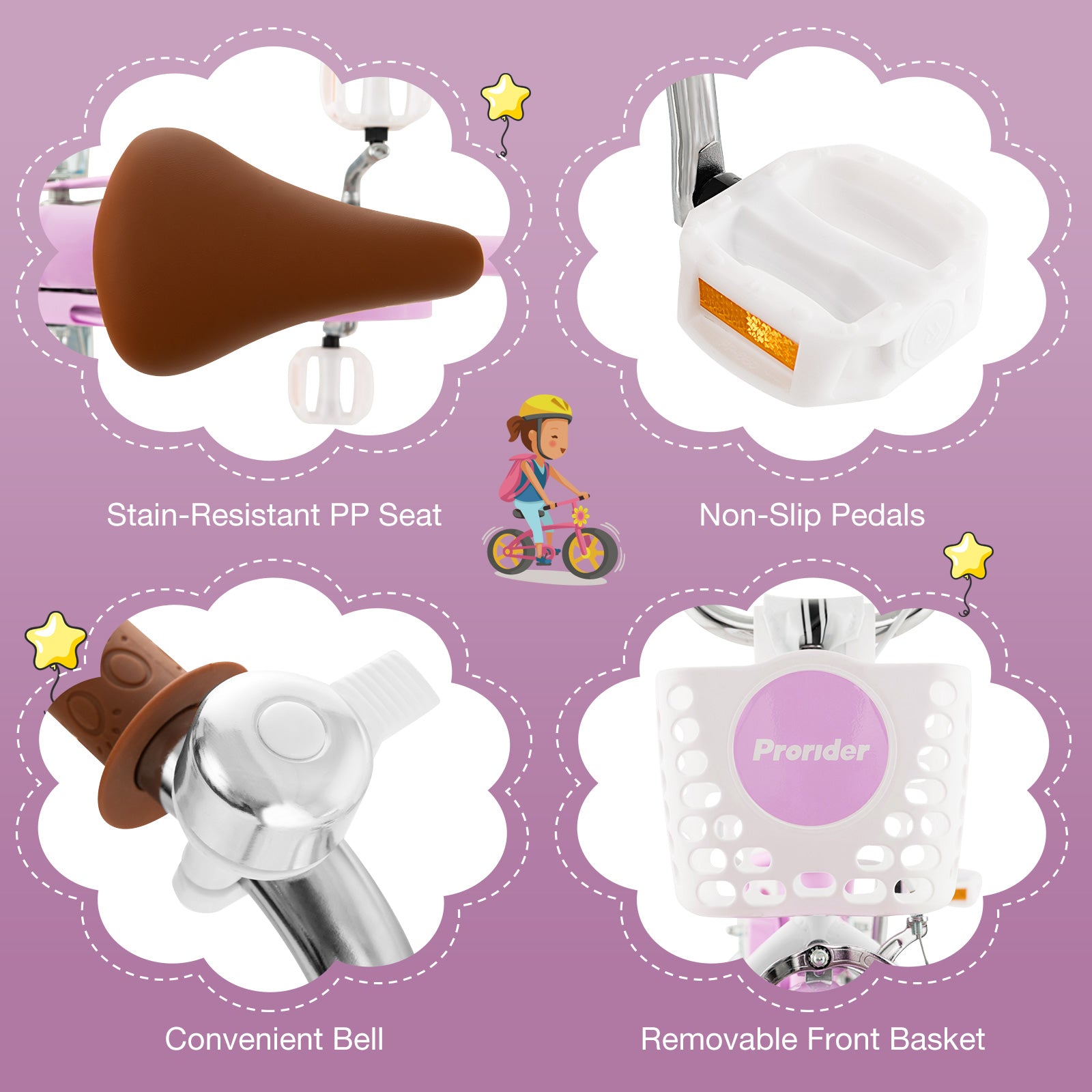 Collage of bicycle parts with labels on a purple background