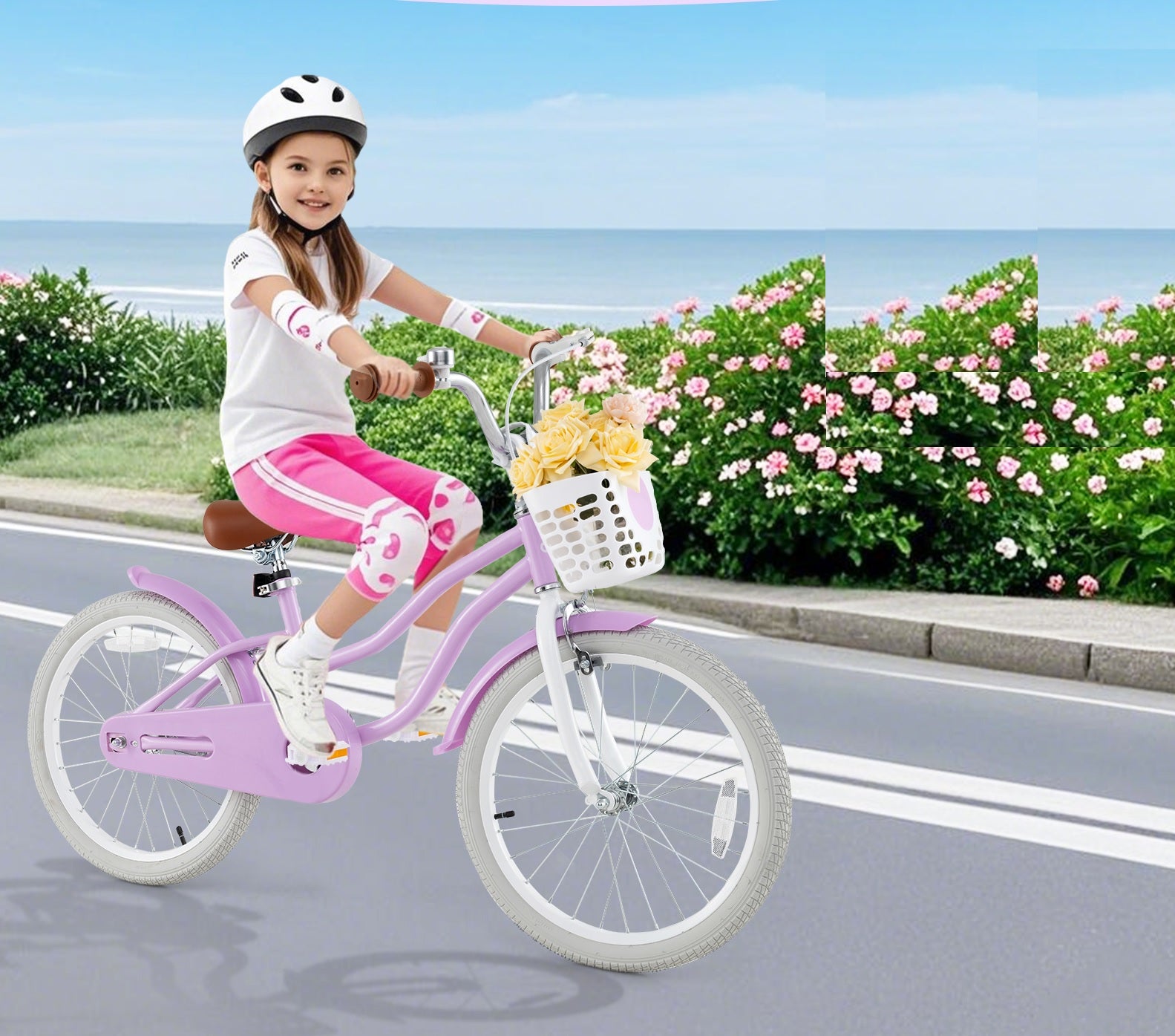 Child riding a pink bicycle with a basket full of flowers on a sunny day.