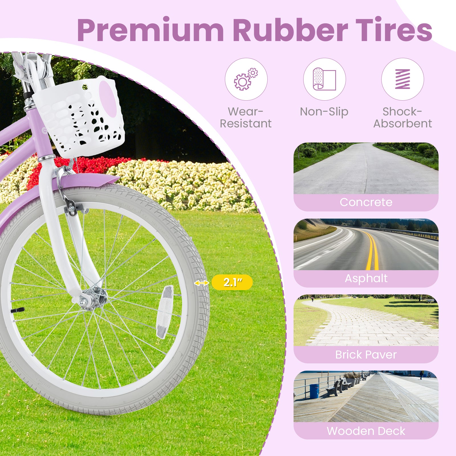 Bicycle wheel with premium rubber tires on grass, featuring wear-resistant, non-slip, and shock-absorbent properties.