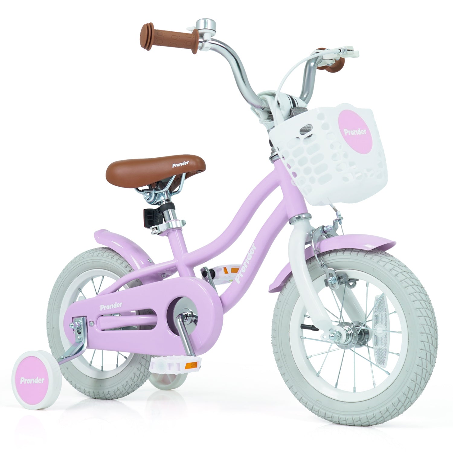 Pink children's bicycle with training wheels on a white background