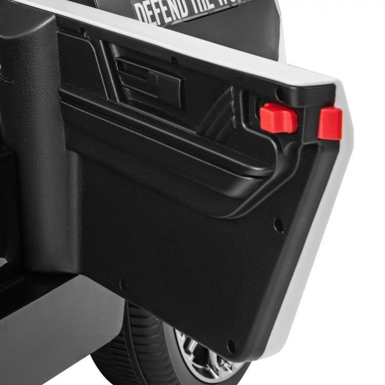 Open doors and interior seat of kids black police car