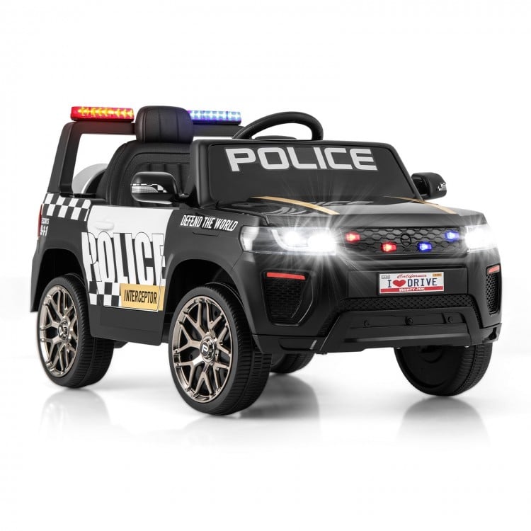 Side view of kids electric police car with openable doors