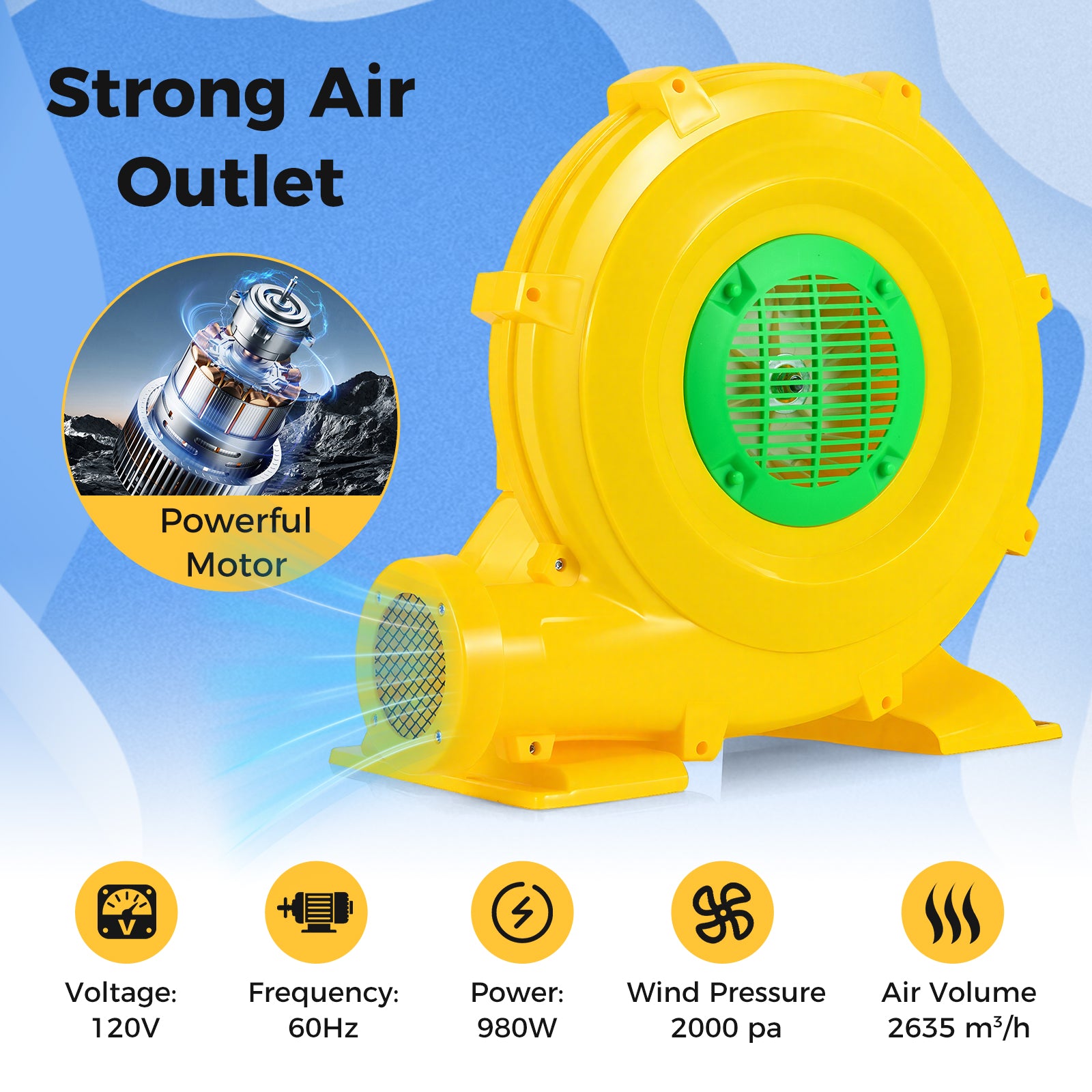 Air blower with included ground stakes for stability