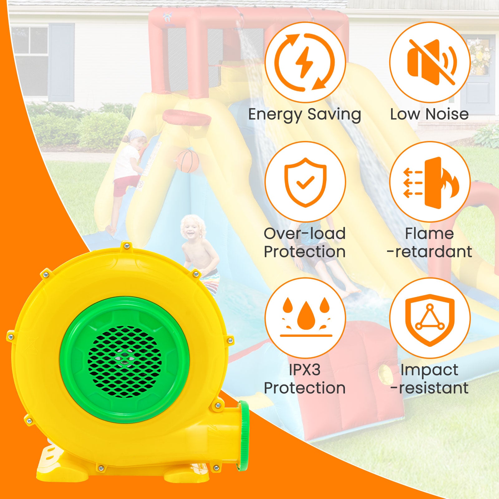 Air blower with ground stakes for secure setup