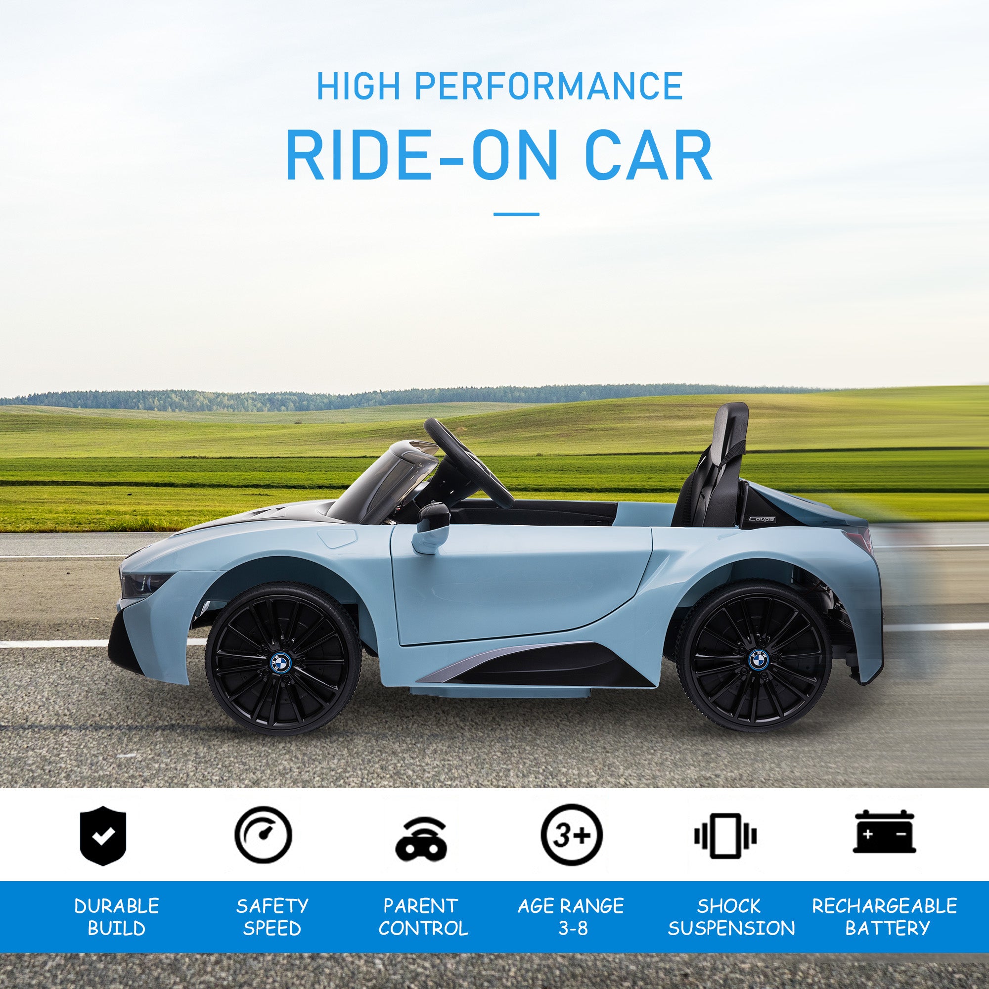 Blue BMW I8 kids ride-on car showing bright LED headlights.