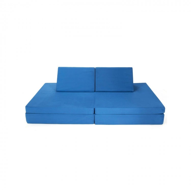 Blue modular play couch with triangular pillows
