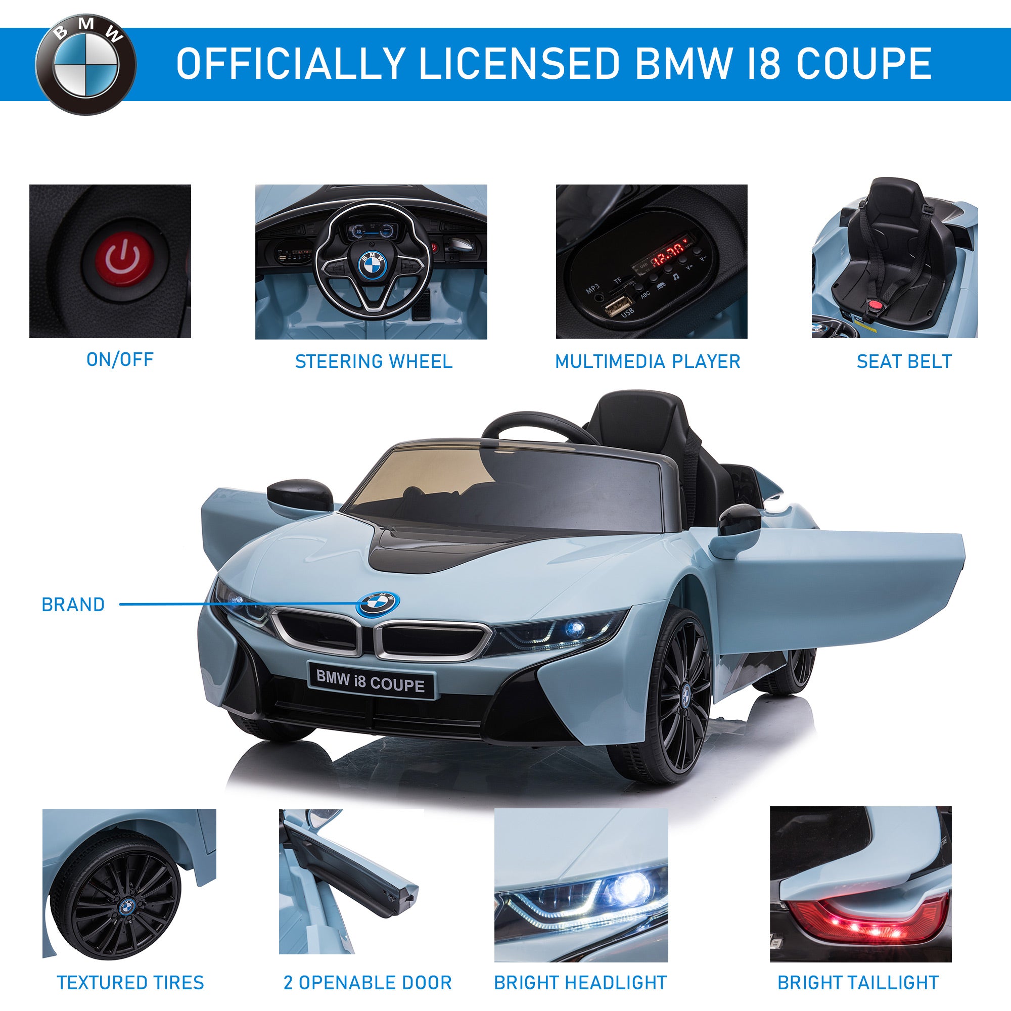 Licensed BMW I8 coupe kids car featuring two openable doors.