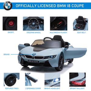 Licensed BMW I8 coupe kids car featuring two openable doors.