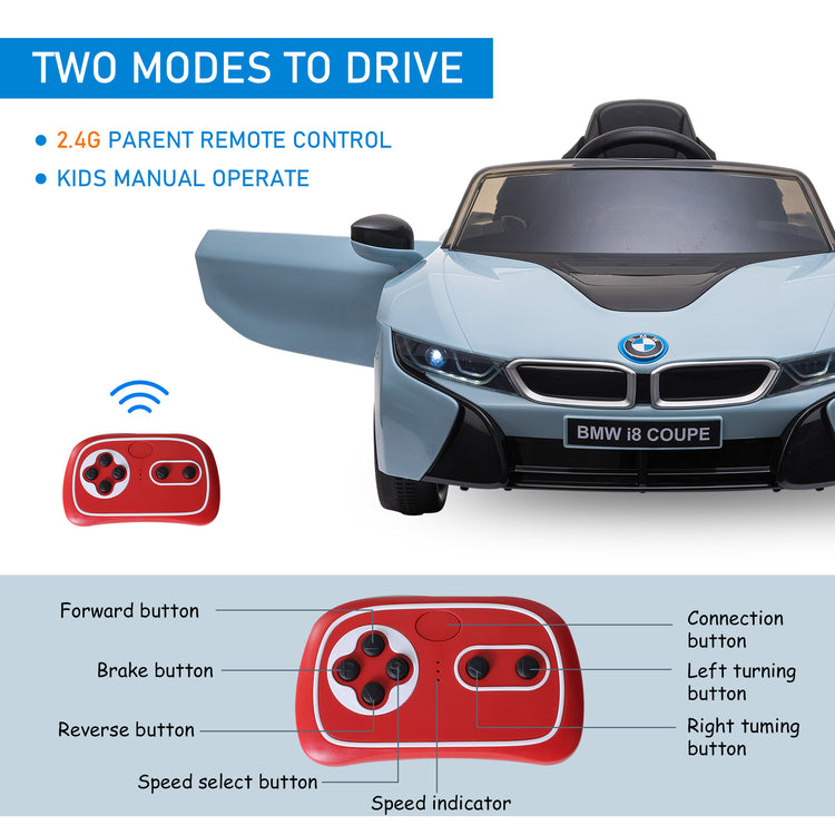 BMW I8 electric kids car equipped with seat belt and rear suspension.