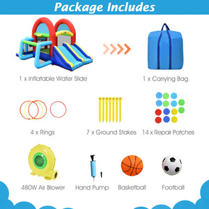 Inflatable water slide package with carrying bag, accessories, and sports balls on a white background.