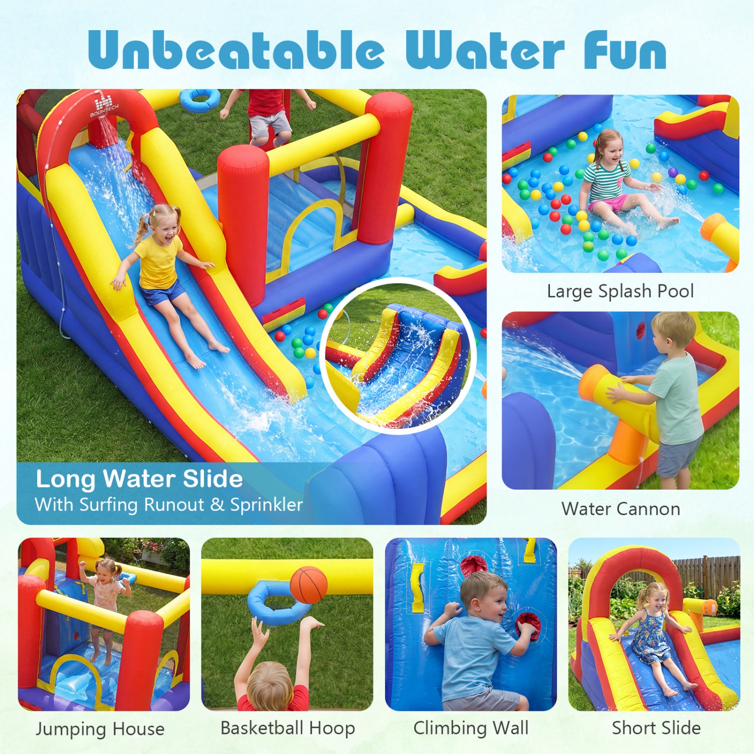 Children playing with a colorful inflatable water park featuring slides, pools, and other features.